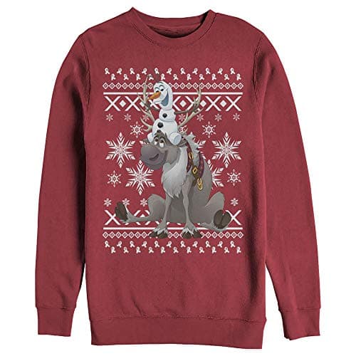 Image of Fifth Sun Unisex's Disney Frozen Sven and Olaf Friends Mens Pullover Crew Fleece Sweatshirt, Red, XL