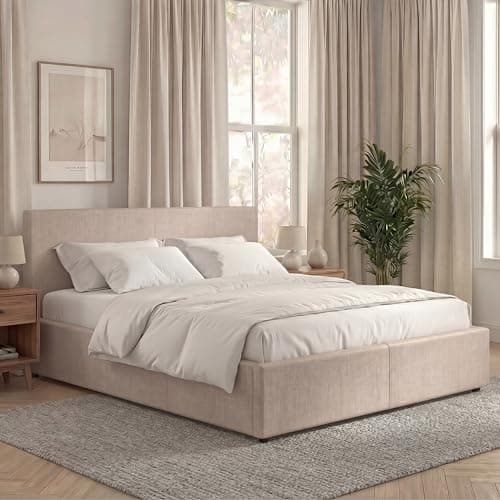 Image of Vida Designs Veronica King Ottoman Bed Frame | Beige Linen | Upholstered Fabric | 5ft | Gas-Lift End Opening | Under-Bed Storage Space, Slatted Bed Base | Bedroom Furniture