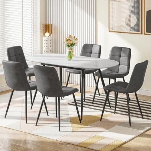 Image of Luxstein Extendable Dining Table and Chairs Set 6, 120-160cm Oval Mable Effect Table with 6 Grey Upholstered PU Leather Chairs for Dining Room, Kitchen