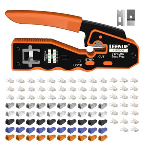 Image of LEENUE RJ45 Crimp Tool Kit, Pass Through Cat5 Cat5e Cat6 Cat7 Ethernet Crimping Tool, Support Cutting, Stripping, Crimping 3-in-1 RJ45 Connectors with 50Pcs Covers and 50Pcs Connectors