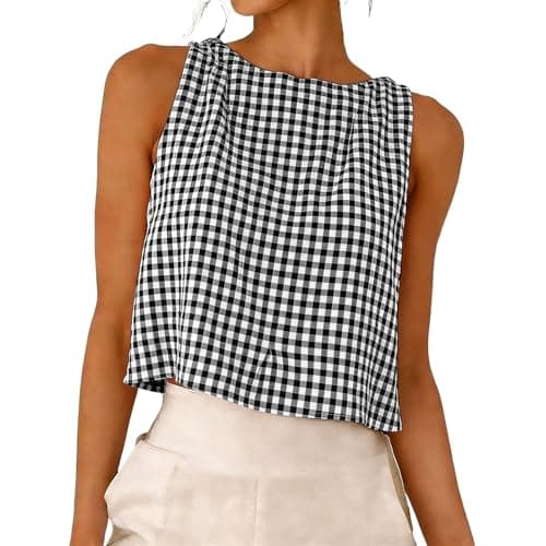 Image of Womens Tank Tops Cotton Linen Gingham Crop Tops for Women Casual Loose Fit Sleeveless Top Ladies Summer Vests Reversible Wear Vacation Date Night Black L