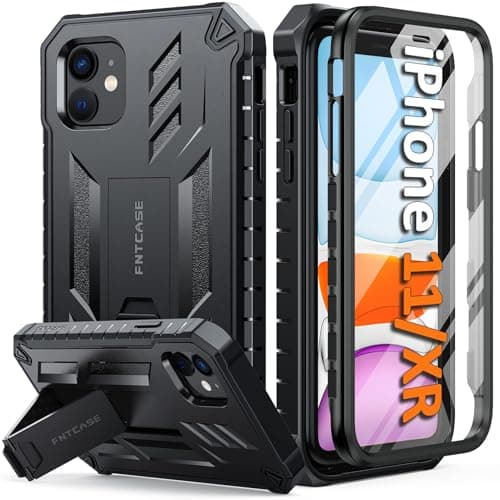 Image of FNTCASE for iPhone 11 Phone Case: for iPhone XR case with Kickstand Shockproof Military Grade Protective Cover - Dual Layer Full Protection Matte Textured Drop Proof - 6.1 Inch Black