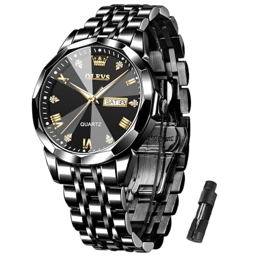 Image of OLEVS Men's Chronograph Stainless Steel Band Diamond Quartz Watch Black Dial Day Date 30M Water Resistant Casual Business Wristwatch