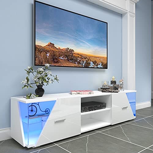 Image of Dripex High Gloss TV Cabinet Stand, 150cm Modern TV Unit with LED light Entertainment Unit Cupboard with Storage Furniture for Living Room Bedroom for 32 40 43 50 55 60 65 inch 4k TV, White