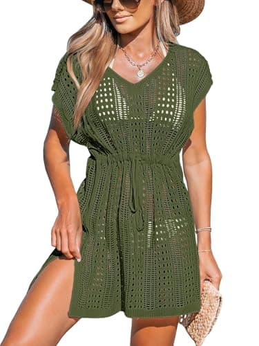 Image of CUPSHE Women's Crochet Swim Cover Up Mini Dress Swimwear Knit Short Sleeve Beach Pullover Cover ups Yellow-Green S
