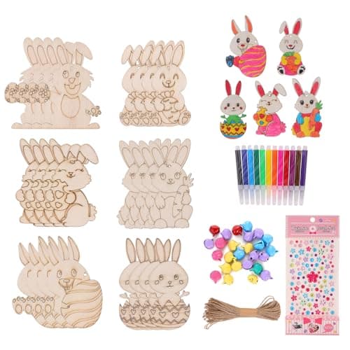Image of HBell Easter Wooden Crafts Wood Ornaments Kits,Easter Wooden Rabbits Crafts DIY Bunny Hanging Set for Kids Easter Party Supplies Kids Painting Arts Crafts Spring Home Garden Decor (Rabbit)
