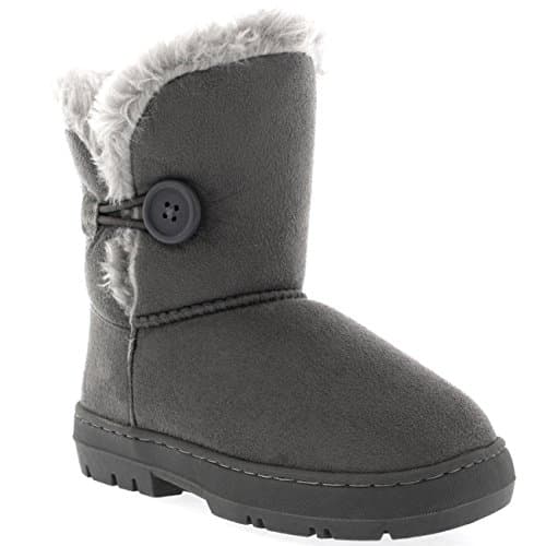 Image of Holly Girls Winter Boots - Faux Fur Lined Mid Calf Slip On Boots - Waterproof Sole - Warm Casual Outdoor Footwear with Side Button Detail - Grey - UK 2
