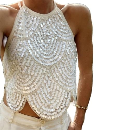 Image of YILEEGOO Womens Sequin Top Halter Neck Sleeveless Sparkle Camisole Glitter Tanks Tops Shimmer Going Out Cami Club Party Vest (White, M)