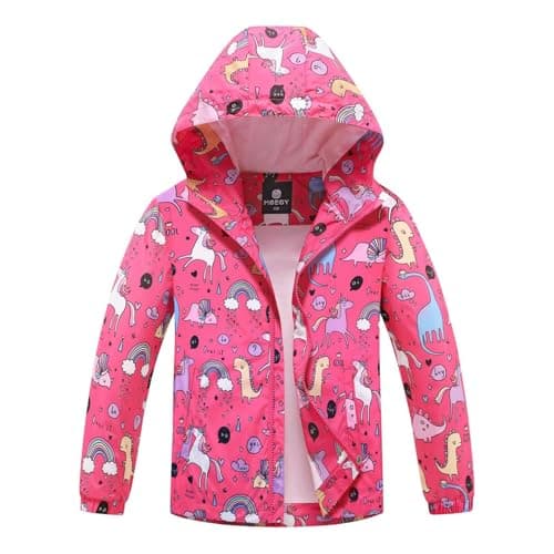 Image of BuyiRen Girls Waterproof Jacket Rain Jackets Hooded Raincoat Lightweight Cotton Lined Rain Coats for Kids, Rose Unicorns, 10-12 Years
