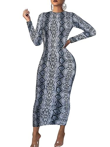 Image of Women's Long Sleeve Bodycon Dress - Maxi Casual Fall Club Party Long Tight Pencil Dresses, Snakeskin Grey, M