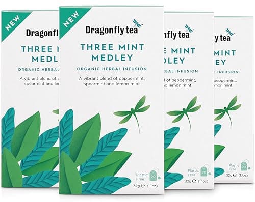 Image of Dragonfly Three Mint Medley - 4 x 20 Organic Tea Bags, Cool & Aromatic Spearmint, Lemon Mint & Peppermint Blend, Invigorating Herbal Infusion, Vibrant & Refreshing, Plastic Free