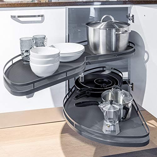 Image of Warmiehomy Kitchen Pull Out Shelf Organiser for Cupboard Revolving Corner Pullout Organizer for 900mm-1000mm Cabinet Grey (Open left)
