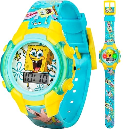 Image of Accutime Nickelodeon Spongebob Squarepants Kids LCD Watch with LED Lights, Colorful Character Strap, Interactive Flashing Display, Supplied in Collector's Tin