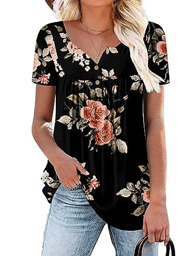 Image of KISSMODA Short Sleeve Blouses for Women Floral Printed T-Shirts Black Small
