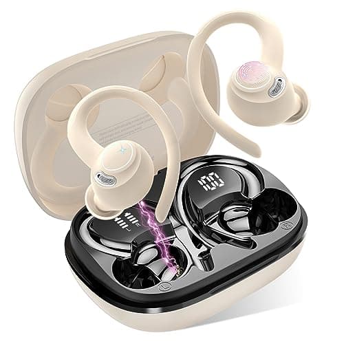 Image of Jesebang Wireless Earbuds, Bluetooth 5.3 Headphones, 2024 Wireless Earphones HiFi Stereo Sound with ENC Mic, Sport Headsets in Ear EarHooks for Running, 40H Dual LED Display, IP7, Beige
