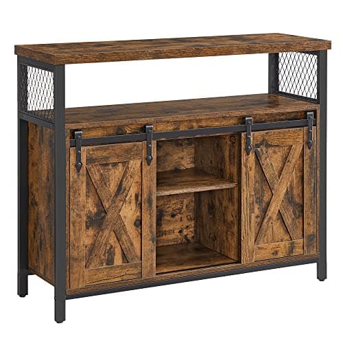 Image of VASAGLE Sideboard, Kitchen Cabinet, Storage Cupboard, with 2 Sliding Barn Doors, 33 x 100 x 80 cm, Adjustable Shelves, for Living Room, Rustic Brown and Ink Black LSC092B01