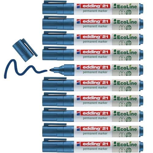 Image of edding 21 Ecoline permanent marker - blue - box of 10 - round tip 1.5-3 mm - waterproof, quick-drying, smear-proof pens - for cardboard, plastic, glass, wood, metal and fabric - refillable