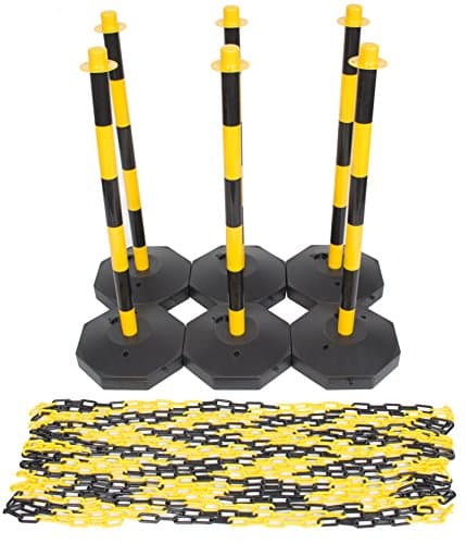 Image of (6 Pack) Yellow & Black Plastic Chain Post Set Demarcation Safety Chain Barrier Post Pole with Base and 15mtr Plastic Chain