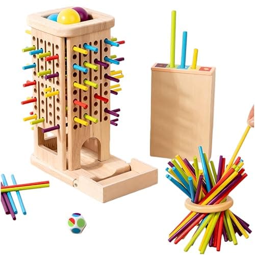 Image of Wooden Board Kerplunk Game, QIANSSE Montessori Fine Motor Skills Toys for 3 4 5 6 Year Old Boys Girls, 3-in-1 Kids Board Games with 40 Wooden Sticks Family Games Birthday Gift