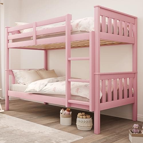 Image of Blisswood Double Bunk Bed, 3ft Single Bed Frame with Ladder, Extra Strong & Durable, Wooden Kids bunk beds, Twin Sleeper for Kids, Children, Adults, Double Bed Frame With Under Bed Storage (Pink)