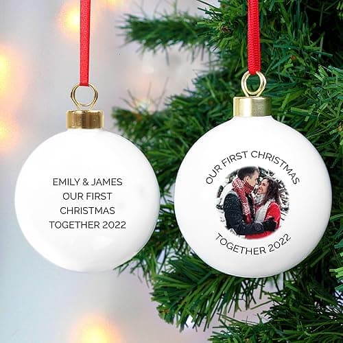 Image of Custom Personalised Photo Upload Ceramic Christmas Tree Bauble with any photo or message. Perfect for Christmas or memorial