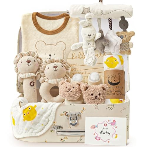 Image of vamei Newborn Baby Gifts Baby Hamper Set with Baby Box Blanket Baby Onesie Socks Rattle Muslin Cloths Bibs Wooden Milestone Cards New Born Baby Essentials Baby Shower Gifts Boys Girls Unisex