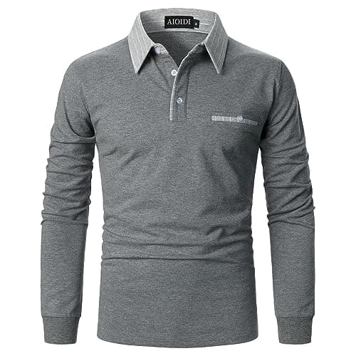 Image of AIOIDI Men's Long Sleeve Polo Shirts Contrasting Colors Work Cotton Breathability Golf Tennis T-Shirt Grey XL