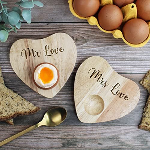 Image of eBuyGB Set of 2 Personalised Heart Egg Boards, Mr & Mrs Egg Cups, 5th Wedding for Couples, His & Hers Breakfast Board, Wood Wedding Anniversary