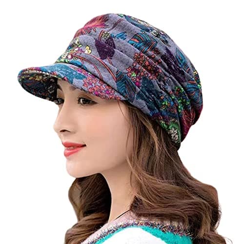 Image of HshDUti Beanie Hats for Women, Boho Floral Printed Winter Hat Fleece Lined Ladies Beret Hat Warm Hat Peaked Baker Boy Hat with Visor Dark Gray One Size