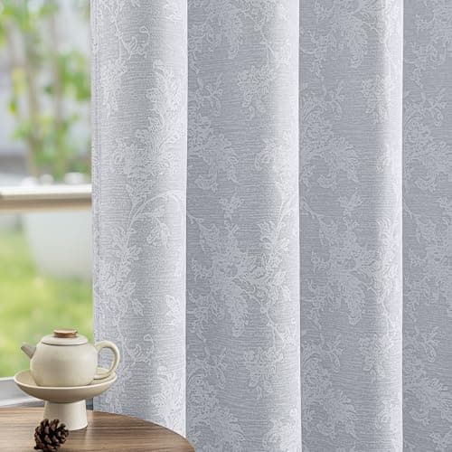 Image of Fmfunctex Grey Floral Jacquard Blackout Curtains for Bedroom 72 inch Scroll Flower Curtains for Living Room Thermal Insulated Chenille Eyelet Curtain Room Darkening Window Curtain Drapes 2 Panels