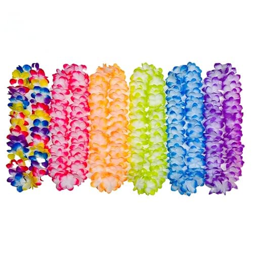 Image of 6 Pack Crafts Hawaiian Flower Leis Garland Necklaces, 105 cm Length, Multi-Coloured, For Holiday Tropical Party Decorations Beach Theme Party Supplies Hawaiian Fancy Dress Accessories, For Adults Kids