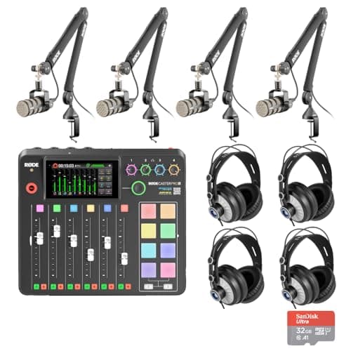 Image of Rode RODECaster Pro 2 Audio Production Console with 4x PodMic Podcasting Microphones, PSA1+ Professional Boom Arms, Over-Ear Headphones, 32GB microSD Card, and 4x XLR Cables