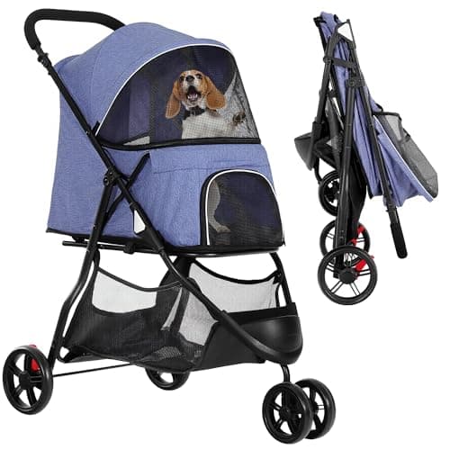 Image of YITAHOME 15 kg Foldable Dog and Cat Stroller, Three Wheels, Mesh Window, Brakes, Iron Tubular Frame, Robust, Suitable for Pets Under Medium Size, Denim Blue