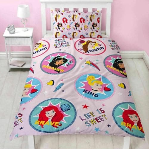 Image of Disney Princess Single Duvet Cover Set – Reversible Pink Bedding for Girls – Featuring Cinderella, Belle, Ariel & Jasmine – Soft Microfibre – 2-Piece Set with Pillowcase – Official Merchandise