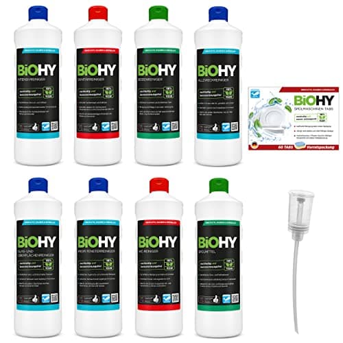 Image of BiOHY Cleaning agent complete set with dispenser and dishwasher tablets (8 x 1 L), bathroom, window and floor cleaner, powerful and efficient, sustainable organic cleaner