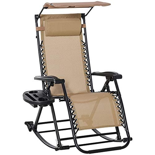 Image of Outsunny Garden Rocking Chair Folding Recliner Outdoor Adjustable Sun Lounger Rocker Zero-Gravity Seat with Headrest Side Holder Patio Deck - Beige