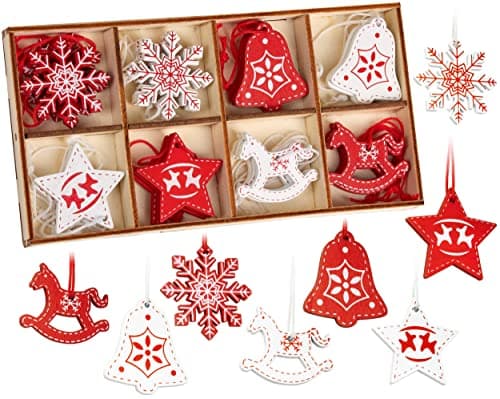Image of BRUBAKER 24-Pcs. Christmas Pendant Set - Tree Ornaments Red White Made of Wood 1.6 Inches - Rocking Horses Stars Bells - Deco Hanger Weihnachten - Wooden Christmas Tree Pendants - Tree Ornaments