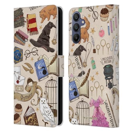 Image of Head Case Designs Officially Licensed Harry Potter Hogwarts Pattern Deathly Hallows XXXVII Leather Book Wallet Case Cover Compatible With Samsung Galaxy A15