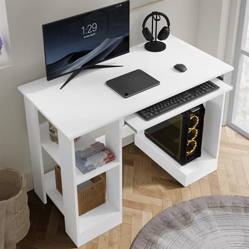 Image of Blisswood Home Office Desk, White Computer Desk With Shelves & Sliding Keyboard Tray PC Laptop Table For Writing Workstation Bedroom Study Furniture (100 x 55 x 75CM)