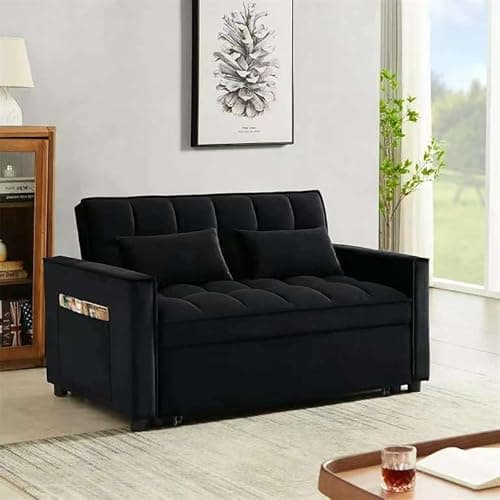 Image of SQUAREBOXX 2 Seater Pull Out Sofa Bed in Velvet Fabric, Adjustable Click Clack Mechanism, For Living Rooms, Guest Rooms, Home Office. (Black)