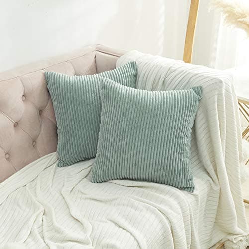 Image of Volcanics Corduroy Cushion Covers Pack of 2 Decorative Square Throw Pillow Covers Cushion Soft Pillowcase 45 x 45cm (18 x 18 Inches) for Home decor Sofa Couch Bedroom, Duck Egg Blue