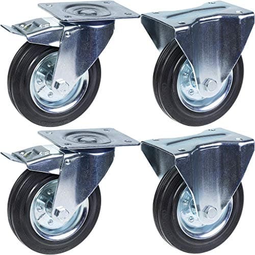 Image of 160mm 6" castor rubber tyre, brake & fixed, strong 600kg capacity, set of 4