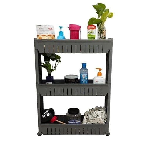 Image of HYGRAD BUILT TO SURVIVE Slim Slide Out Kitchen Trolley, Storage Shelf, Moving Wall Cabinets Tower Holder Rack on Wheels, Rolling Storage Unit Cart for Kitchen, Bathroom, Laundry (Grey, 3 Tier)