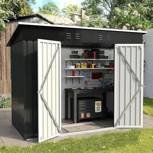 Image of UDPATIO Metal Shed 8x4 FT, Outdoor Garden Storage, Waterproof Metal Shed for Firewood, Garbage Can, Tool, Lawnmower, Bike Shed, Galvanized Steel with Lockable Door for Backyard, Patio, Dark Grey