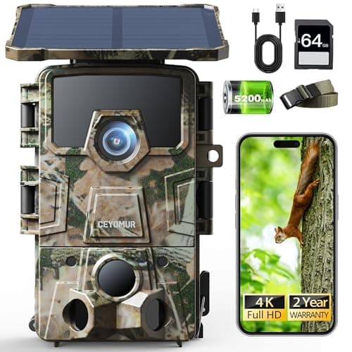 Image of CEYOMUR 4K UHD Solar Wildlife Camera, WiFi 6 Trail Camera with 5200mAh Lithium Battery Rechargeable, Deer Camera with 64GB SD Card, 120° Detection Angle Night Vision Motion Activated
