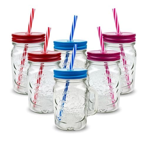 Image of Pack of 6 Mason Jars with Handles, 500 ml Durable Drinking Glasses with Lids, Straws – Perfect for Cold Beverages