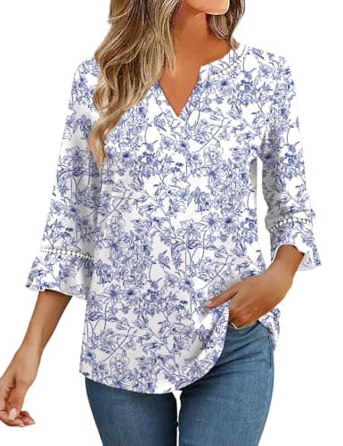 Image of Kistore 3/4 Length Sleeve Womens Tops Summer Ruffle Sleeve Blouses V-Neck Lace T-Shirts Dressy Casual White Floral XL