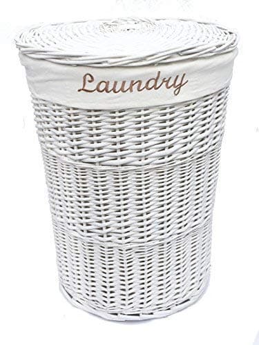 Image of Round Wicker Laundry Basket Lined Storage Washing Basket With Lid White Small 30 x 30 x 42.5 cm