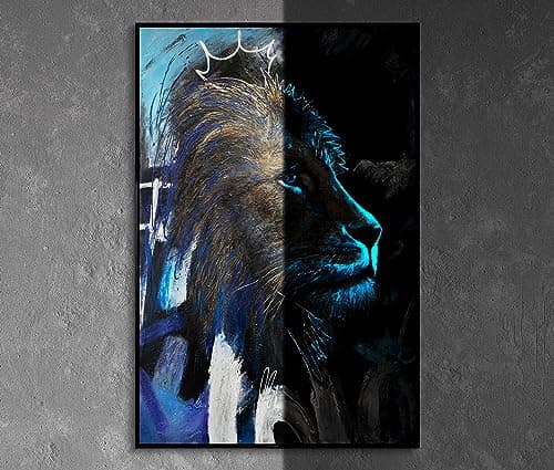 Image of YS-Art Original Handmade Lion Painting Blue Gold Textured Canvas Glow in the Dark Art Framed Modern Wall Decor for Living Room 48x32 inch