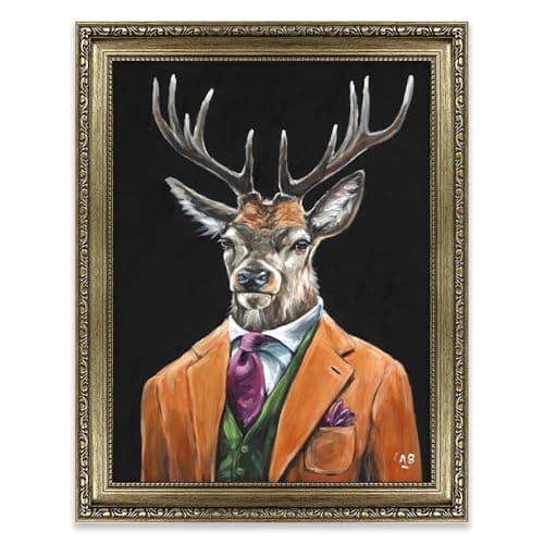Image of Artko Deer in Three Piece Suit Framed Wall Art - 'Gentleman Stag' by Louise Brown - Charming Animal Print - Ornate Ready to Hang Home Décor - 45cm x 35 cm